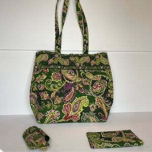Vera Bradley Green Paisley Tote Bag Set Wallet & Phone Case Quilted Floral